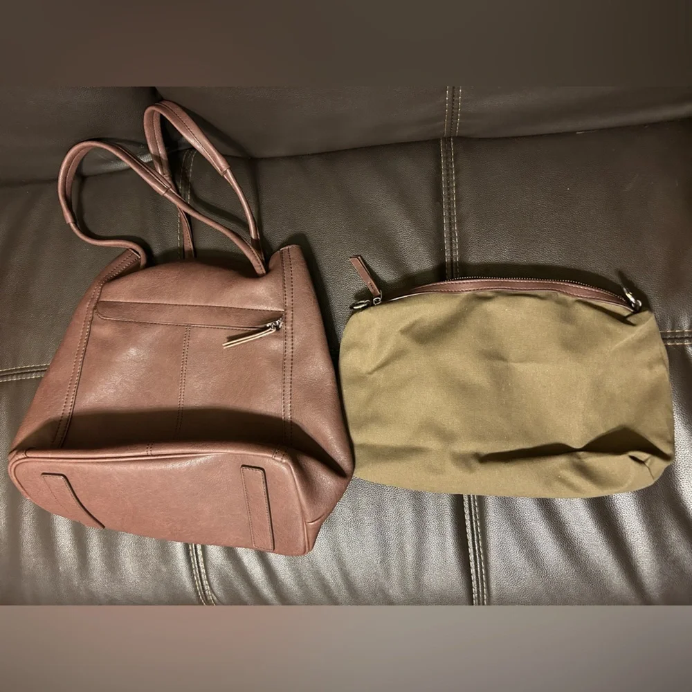 Brown Solid‎ Tote Shoulder Bag Zip Closure Removable Pouch Pockets